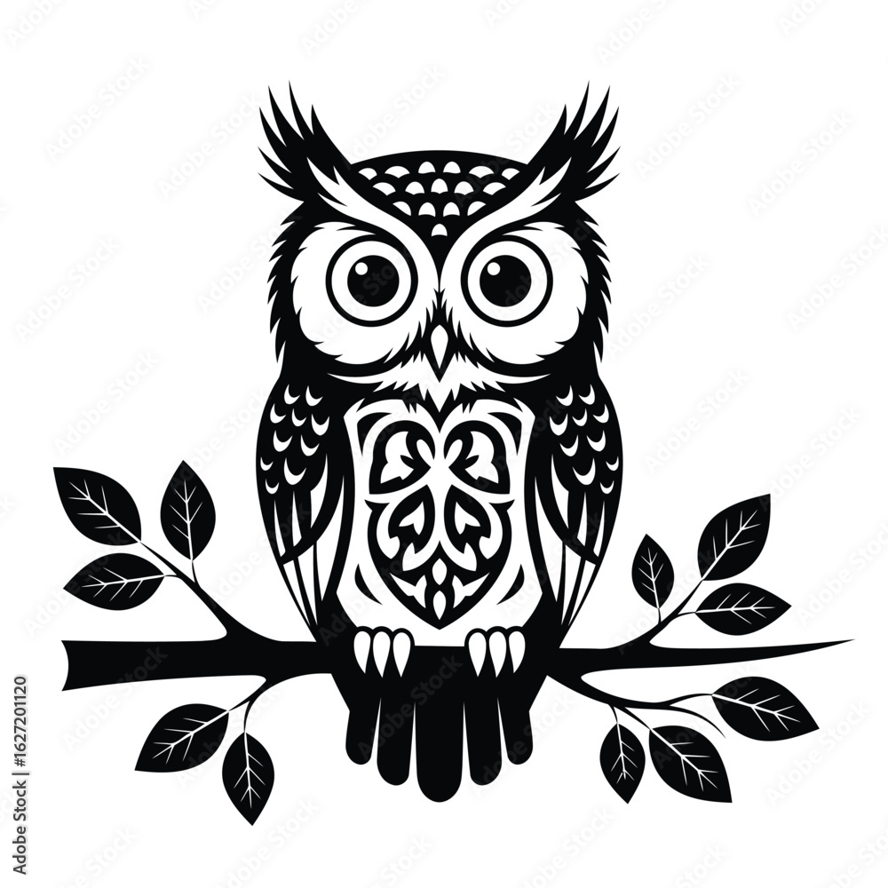 Fototapeta premium Vector illustration of Black silhouette of an ornate owl perched on a branch with leaves bird