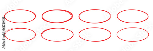 Red pen hand drawn doodle marks oval stroke set. Red circle mark element, Highlight hand drawing different circles and ovals. Set of red highlight circles on white background