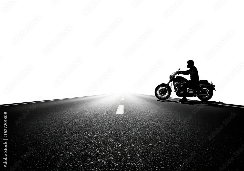 Fototapeta premium Silhouette of a person on a motorcycle on a road isolated on white background