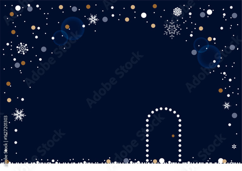 クリスマス・ホリデーのイラスト素材。ドーム状に雪の結晶がキラキラと舞う背景素材。クリスマスのフレーム素材。バナー素材