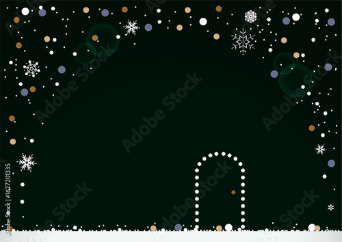 クリスマス・ホリデーのイラスト素材。ドーム状に雪の結晶がキラキラと舞う背景素材。クリスマスのフレーム素材。バナー素材