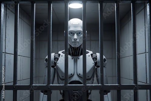 A robot stands behind bars in a stark prison cell, facing the viewer