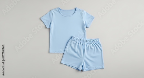 Baby's light blue cotton pajamas, top and shorts, laid flat.