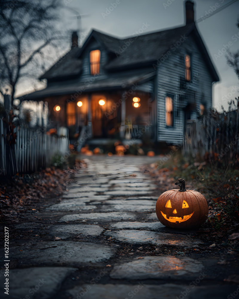Fototapeta premium Vertical shot of a jack-o-lantern against a spooky house - Halloween theme