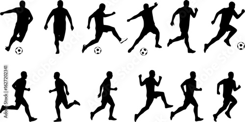 Silhouette Soccer Players Kicking Ball Vector Illustration