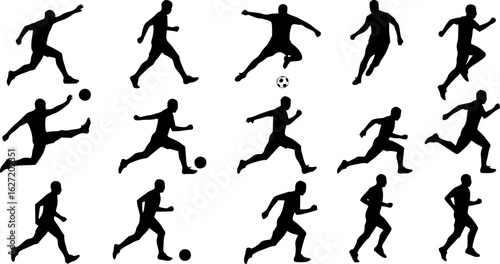 Silhouette Soccer Players Kicking Ball Vector Illustration