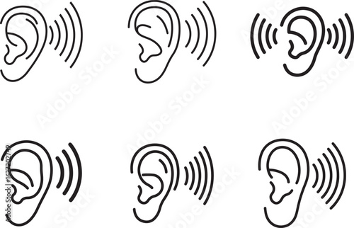 Set of Ear Icons with Sound Waves Emanating Hearing and Listening Concepts