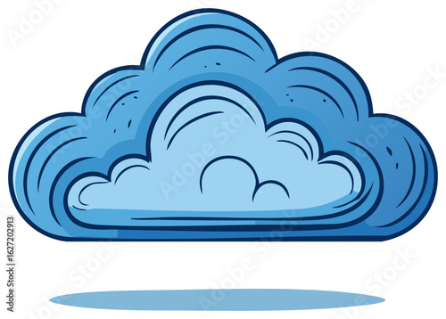 Stylized cartoon cloud illustration floating with a shadow. Blue comic style weather icon for sky or cloud computing.