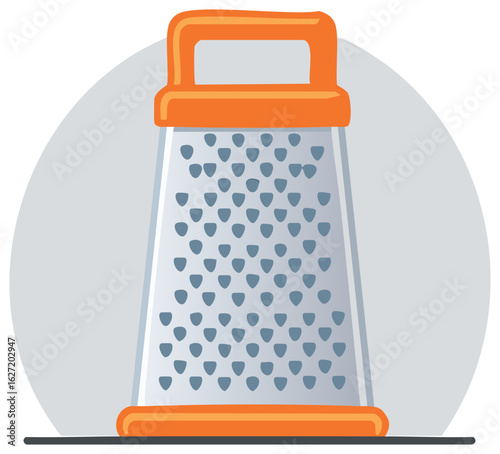 Modern kitchen food grater illustration with orange handle. Essential cooking utensil for cheese vegetables.