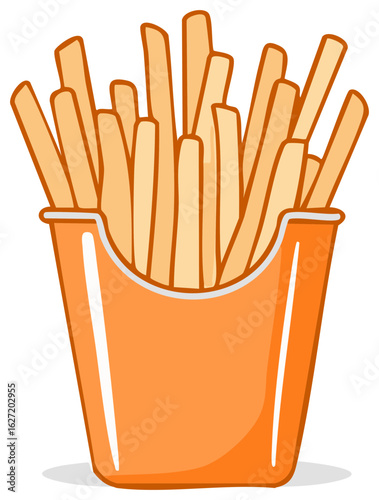 Cartoon Illustration of Crispy French Fries in a Cardboard Box for Fast Food Meal