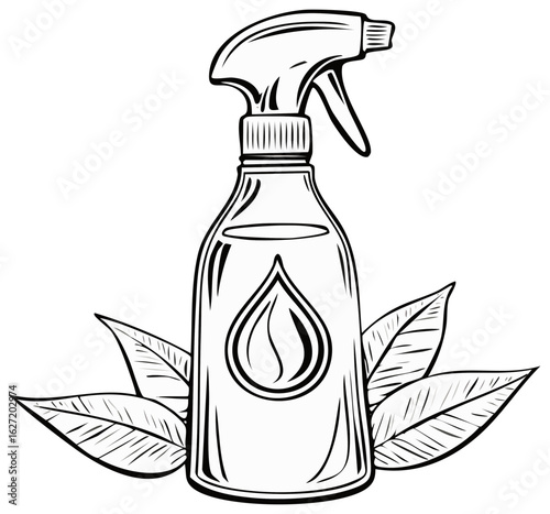 Black and white illustration of a spray bottle with leaves and a drop symbol representing natural cleaning