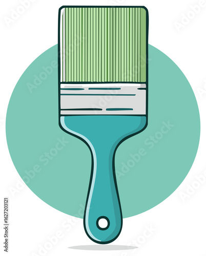 Turquoise paint brush with green bristles for crafts, artwork, and renovation tasks