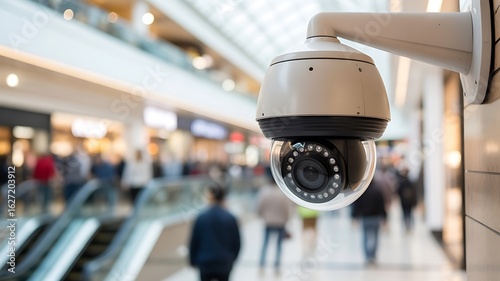 Security camera mounted on wall overlooking blurred shopping mall interior with people surveillance cctv