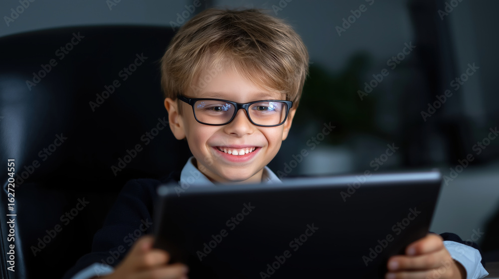 Child enjoying tablet while sitting in a cozy room during evening hours Child enjoying tablet while sitting in a cozy room during evening hours