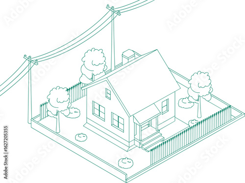 Flat vector illustration of house with chimney, power poles, backyard fence, garden trees, stairs, and windows in isometric design