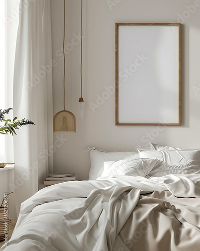Scandinavian style bedroom with white linens, neutral tones, empty wooden frame hanging above the bed for poster mockup, soft morning light