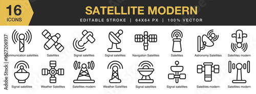 Satellite Modern icon set. Editable Stroke Icon Collection. Includes satellite, communication, technology, network, internet, and More. Outline icons vector collection.