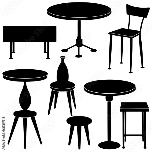 Collection of black silhouette furniture including various tables chairs and stools on a white background