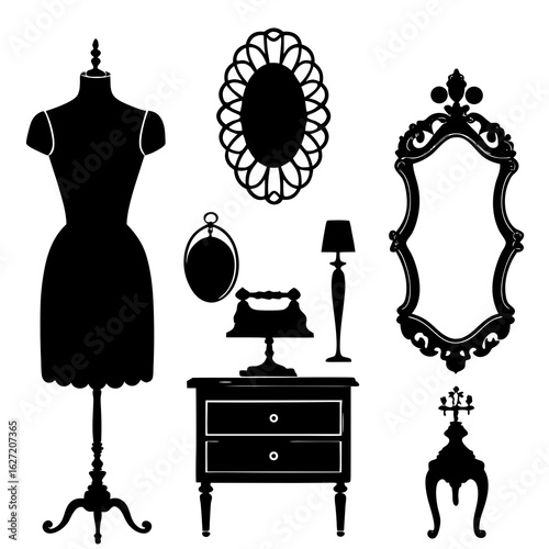 Collection of vintage furniture and decor silhouettes including a dress form mirrors a lamp and a nightstand