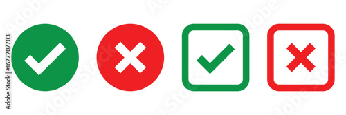 Check mark or tick mark and cross sign. Green check and red X icons, Right or wrong icons. Checkmark and x mark icon for apps and websites. Buttons for vote, election choice decision and web use.
