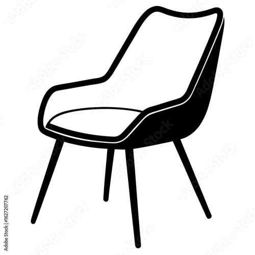 Modern minimalist black and white icon of a comfortable upholstered armchair with tapered legs