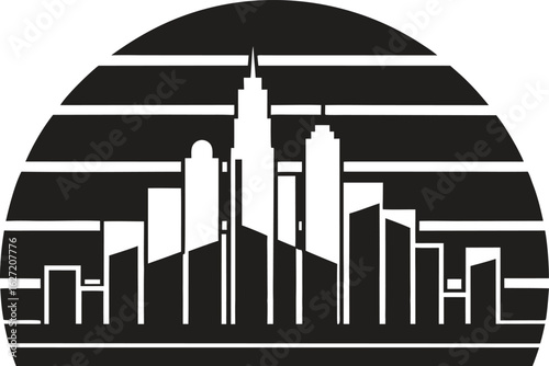 Black and white graphic silhouette of a city skyline with horizontal lines urban