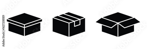 Simple packaging box icon. Sealed shipping box with tape lines, Flat vector illustration of open and closed box icon for unboxing or new features concept. Vector illustration. EPS 10