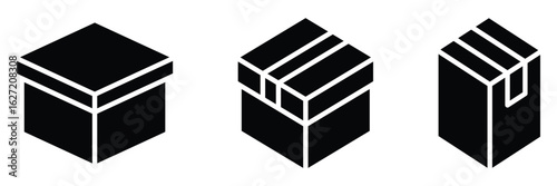 Simple packaging box icon. Sealed shipping box with tape lines, Flat vector illustration of open and closed box icon for unboxing or new features concept. Vector illustration. EPS 10