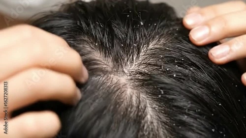 Dark hair covered in dandruff flakes is being touched by a hand