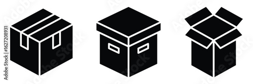 Cardboard box icon set. Carton container unpacking process vector illustration. Simple design of open and closed box icon. Black box icon set vector illustration