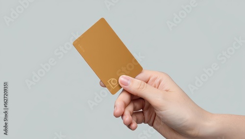 Hand holding a blank golden credit card or gift card against a neutral background