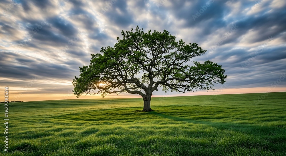 Obraz premium Sunrise Over Lone Tree in Green Field