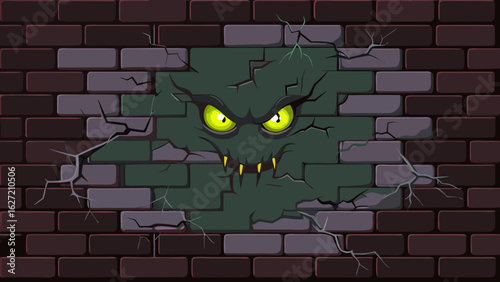A creepy, stylized monster with glowing yellow eyes and sharp teeth is shown peering through a cracked brick wall, creating a spooky and mysterious atmosphere.