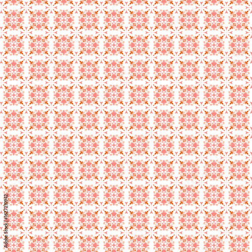 Light delicate geometric mosaic pattern Pastel pink orange abstract floral motifs on white background