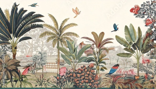  Tropical Wall Mural, Wallpaper Illustration, Mughal Garden Illustration for printing. 
