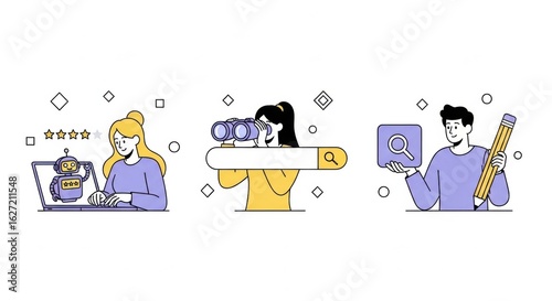 Concept illustration showcasing diverse user interactions with digital interfaces and technologies