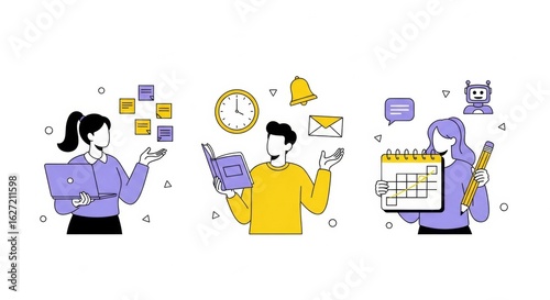 Conceptualizing productivity through organization, technology, and time management illustrations