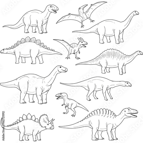 Dinosaur outline drawing collection of various prehistoric creatures