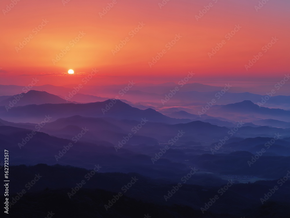 Obraz premium 朝焼けに染まる山並みの風景