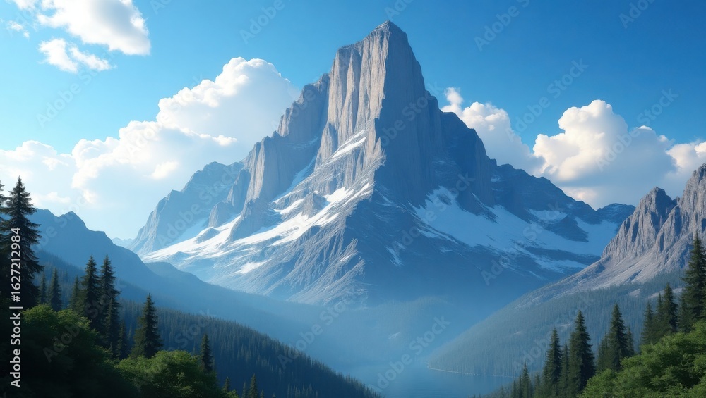 Obraz premium Majestic Snow Capped Mountain Peak Surrounded by Lush Green Valleys and Dramatic Clouds