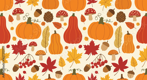 seamless pattern featuring various autumn elements like leaves, acorns, pine cones, and red berries on a reddish-brown background. Ideal for fall-themed fabric, wallpaper, and digital projects