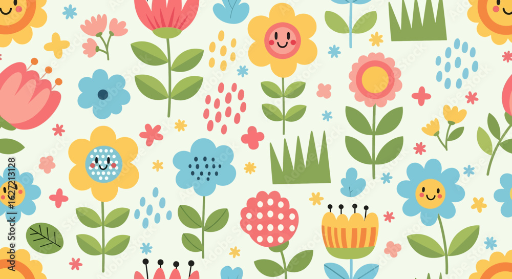 seamless pattern with a playful and cheerful design of colorful flowers and abstract shapes in colorful shades on a white background. Perfect for textile and kids paper products