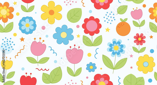 Wallpaper Mural seamless pattern with a playful and cheerful design of colorful flowers and abstract shapes in colorful shades on a white background. Perfect for textile and kids paper products Torontodigital.ca