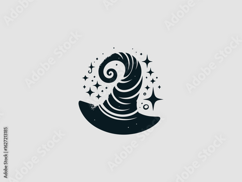 Mystical black wizard hat vector illustration with a whimsical curly top and magical star details