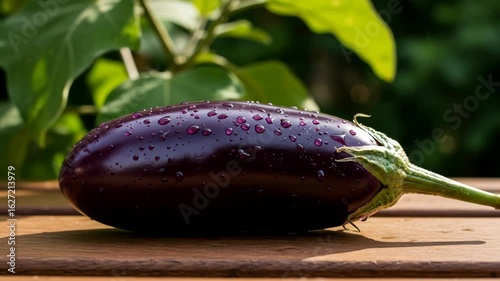 Eggplant on sunlit bench in a farm garden