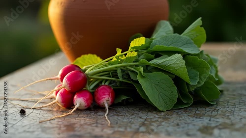 Radishes on rough wooden table with soft rain