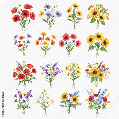 A beautiful collection of sixteen watercolor bouquets featuring poppies, sunflowers, and other wildflowers.