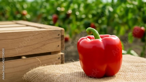 Red bell pepper on burlap cloth in pepper field