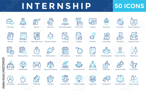 Internship icons set with internship, intern, mentor, supervisor, internship program, career path, training, placement, orientation, industry exposure icon. Simple line color vector 
