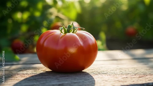 Tomato resting on rustic wooden table in a tomato field
